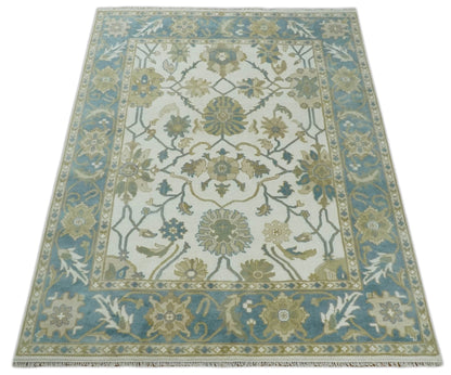 Custom Made Ivory, Gray and Beige Floral Hand Knotted Traditional Oushak Wool Rug.