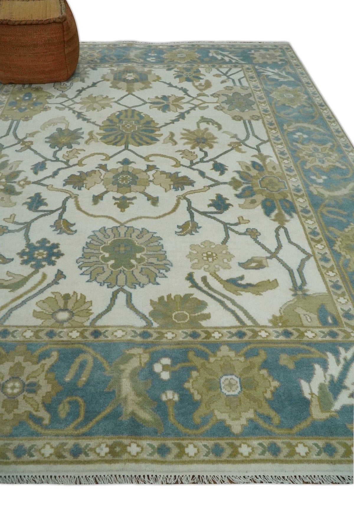 Custom Made Ivory, Gray and Beige Floral Hand Knotted Traditional Oushak Wool Rug.