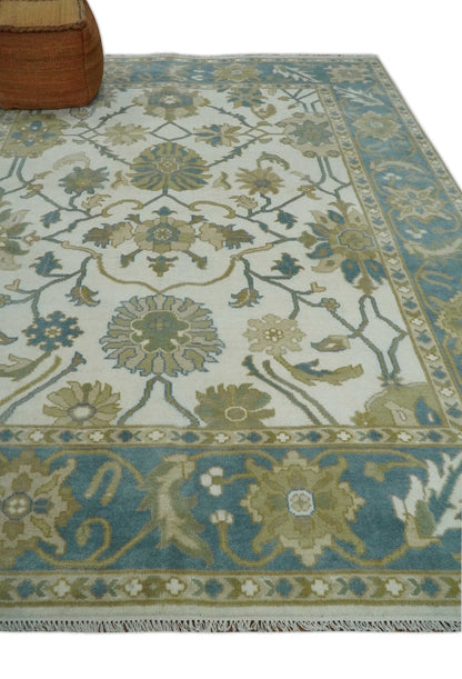 Custom Made Ivory, Gray and Beige Floral Hand Knotted Traditional Oushak Wool Rug.