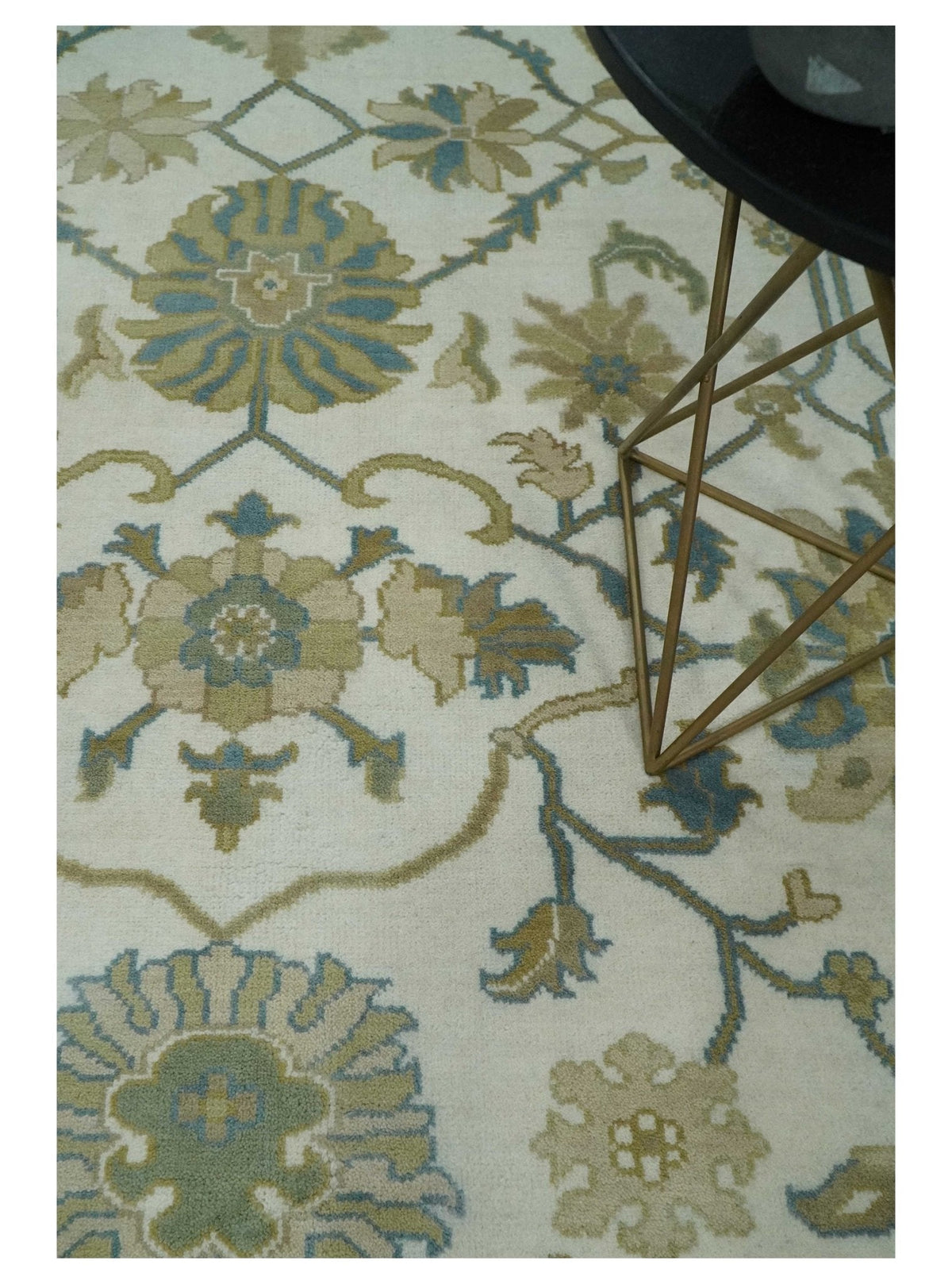 Custom Made Ivory, Gray and Beige Floral Hand Knotted Traditional Oushak Wool Rug.