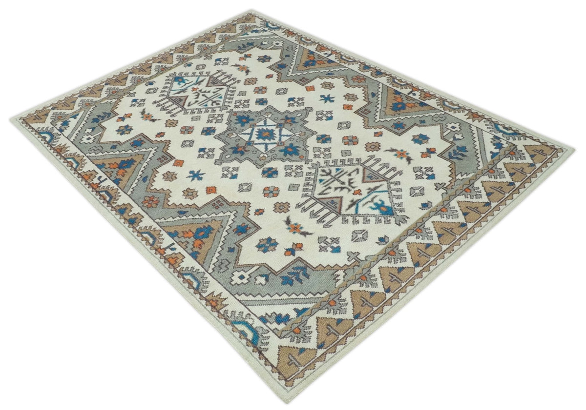 Custom Made Ivory, Gray and Camel Traditional Hand knotted Wool Area Rug.