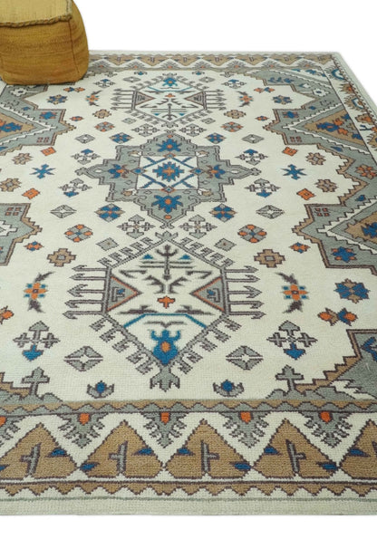 Custom Made Ivory, Gray and Camel Traditional Hand knotted Wool Area Rug.
