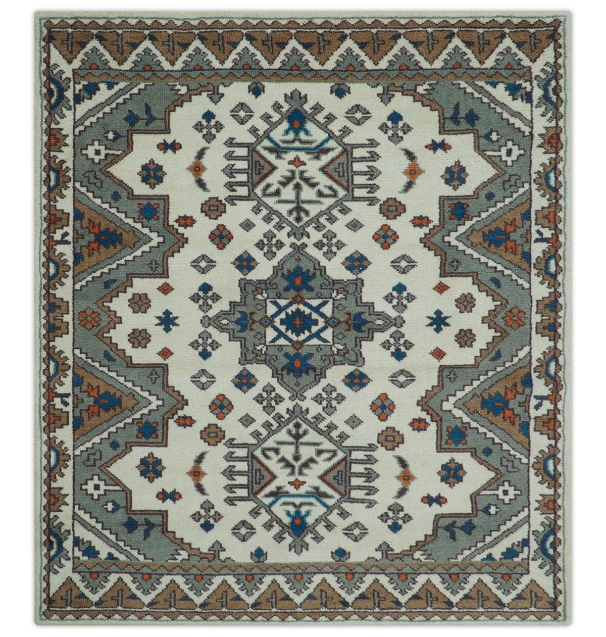 Custom Made Ivory, Gray and Camel Traditional Hand knotted Wool Area Rug.
