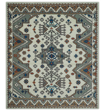 Custom Made Ivory, Gray and Camel Traditional Hand knotted Wool Area Rug.