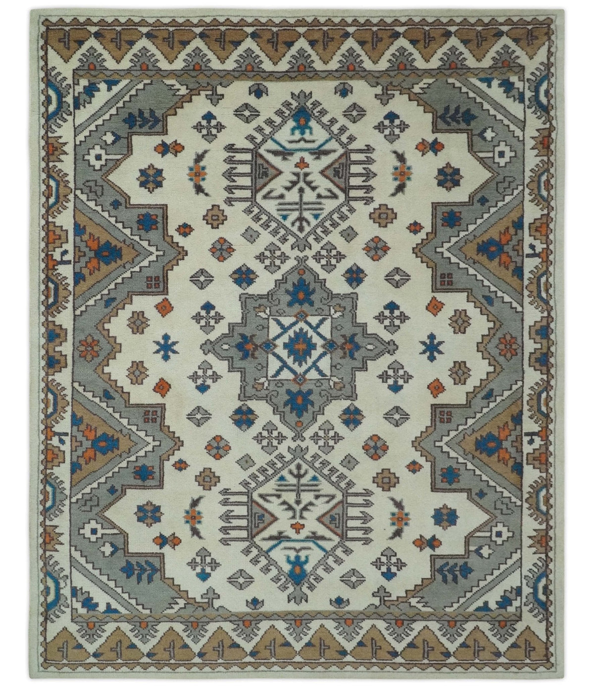 Custom Made Ivory, Gray and Camel Traditional Hand knotted Wool Area Rug.