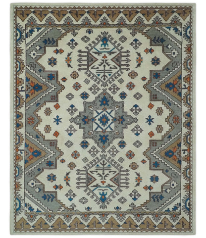 Custom Made Ivory, Gray and Camel Traditional Hand knotted Wool Area Rug.