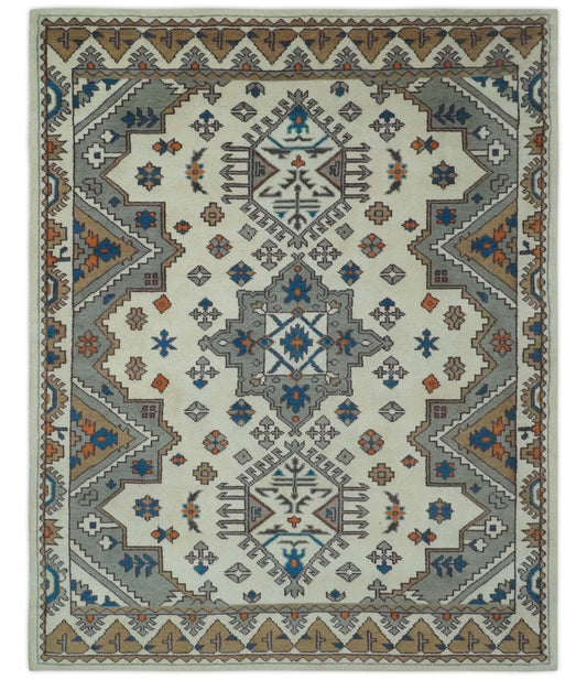 Custom Made Ivory, Gray and Camel Traditional Hand knotted Wool Area Rug.