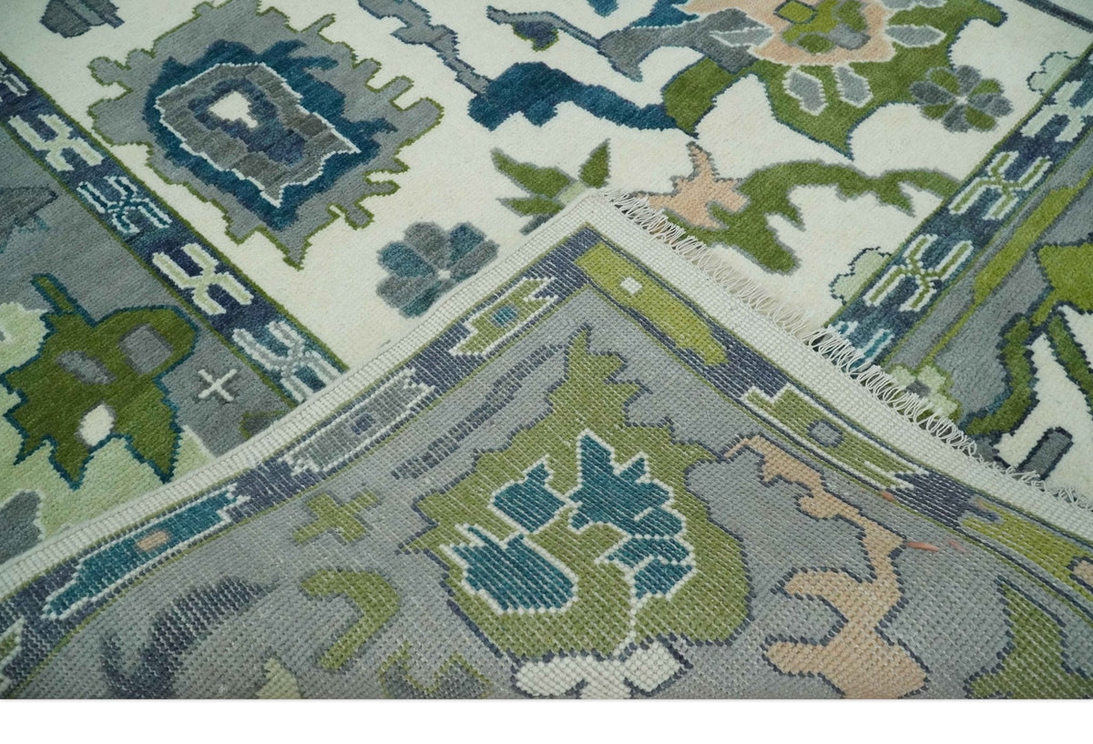 Custom Made Ivory, Gray and Green Hand knotted Traditional Oushak Wool Area Rug.