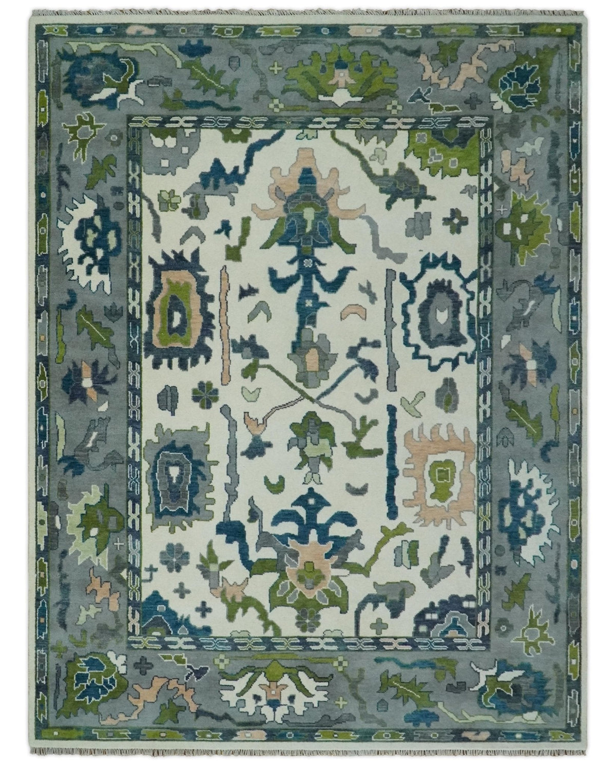 Custom Made Ivory, Gray and Green Hand knotted Traditional Oushak Wool Area Rug.