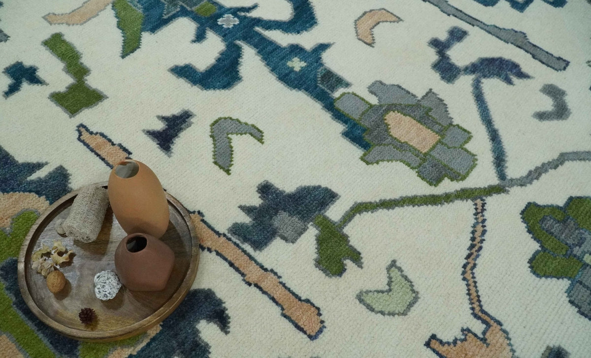 Custom Made Ivory, Gray and Green Hand knotted Traditional Oushak Wool Area Rug.