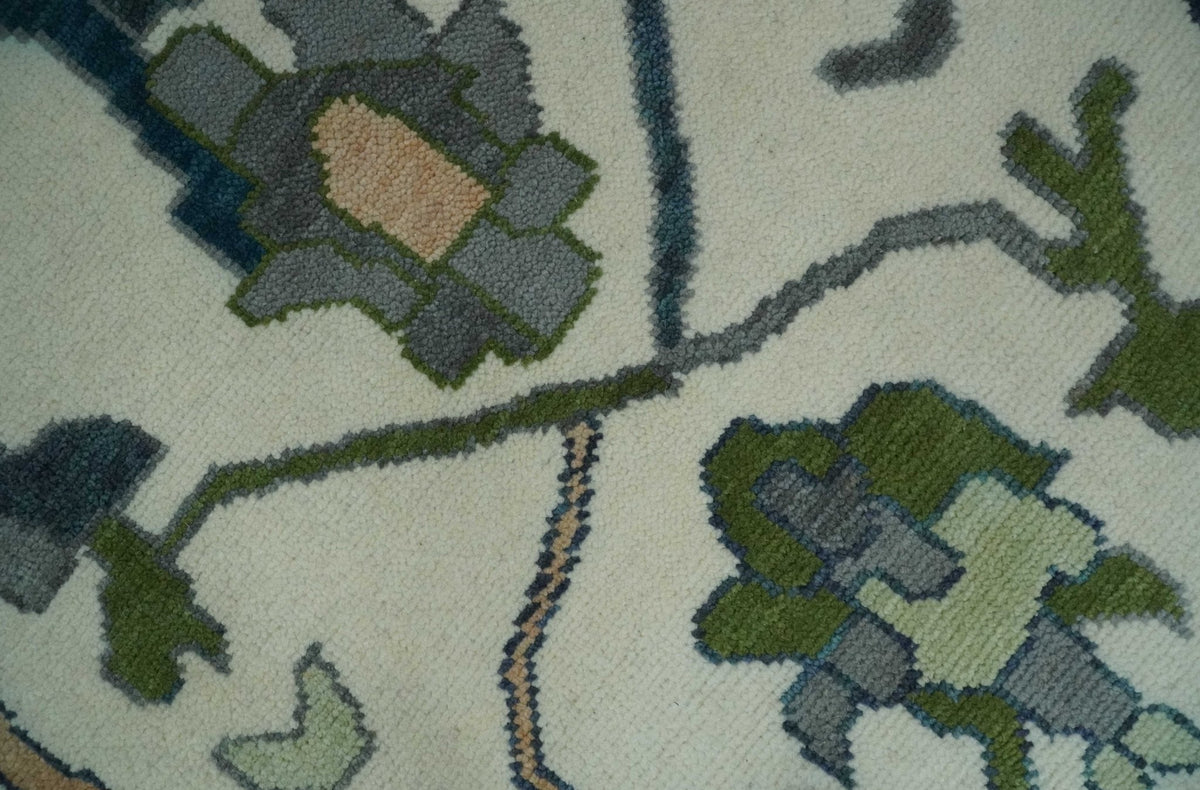 Custom Made Ivory, Gray and Green Hand knotted Traditional Oushak Wool Area Rug.