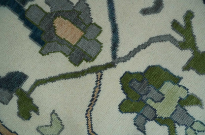 Custom Made Ivory, Gray and Green Hand knotted Traditional Oushak Wool Area Rug.