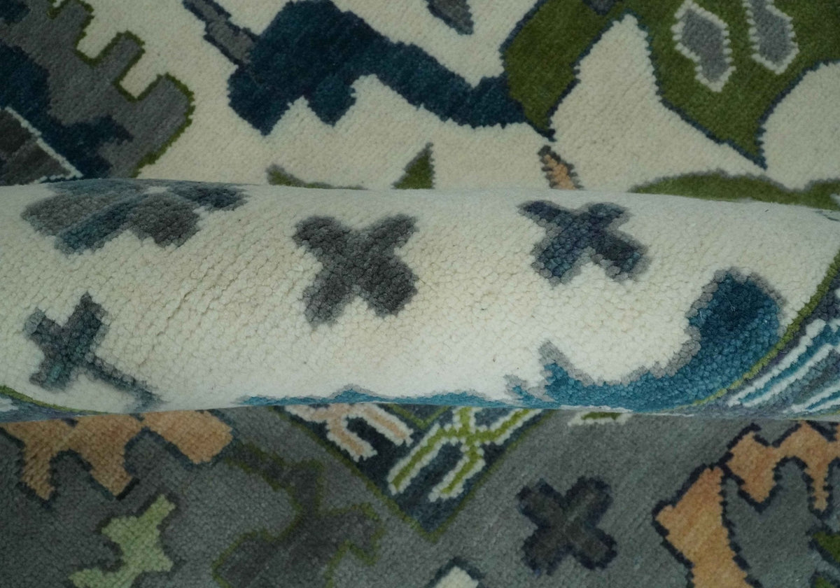 Custom Made Ivory, Gray and Green Hand knotted Traditional Oushak Wool Area Rug.