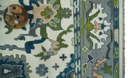Custom Made Ivory, Gray and Green Hand knotted Traditional Oushak Wool Area Rug.