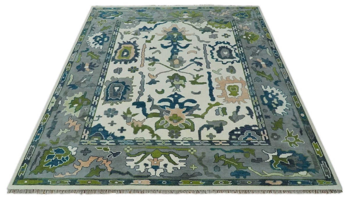 Custom Made Ivory, Gray and Green Hand knotted Traditional Oushak Wool Area Rug.