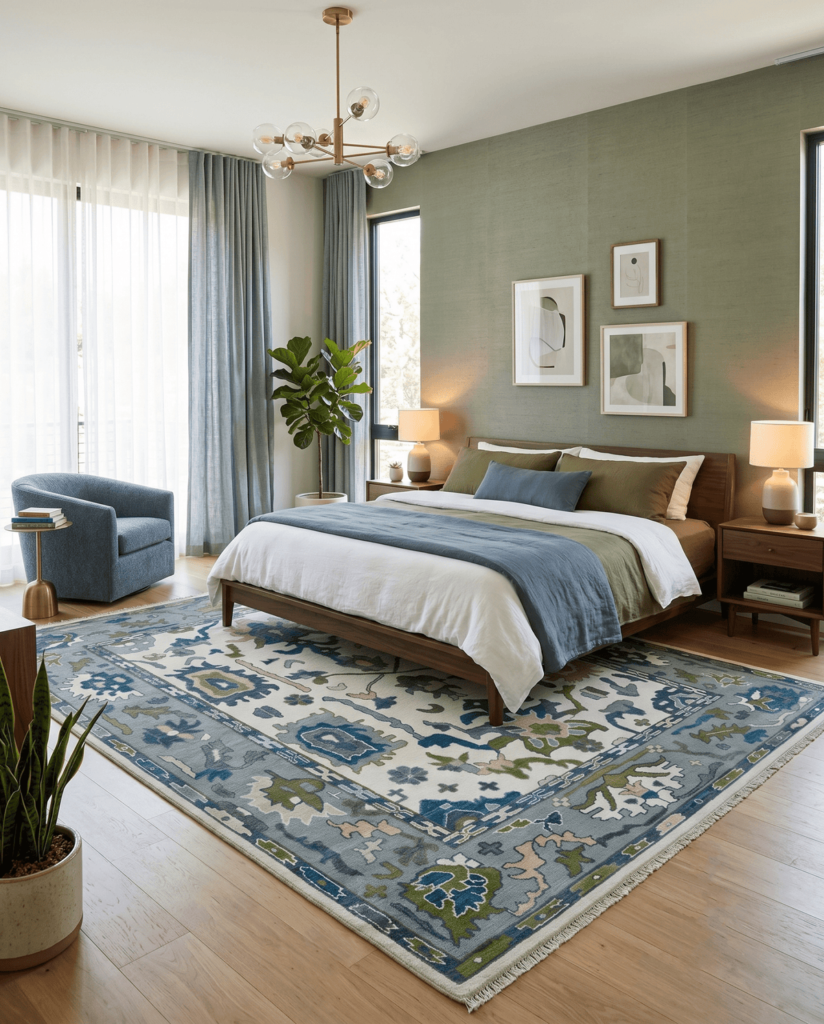 Custom Made Ivory, Gray and Green Hand knotted Traditional Oushak Wool Area Rug.