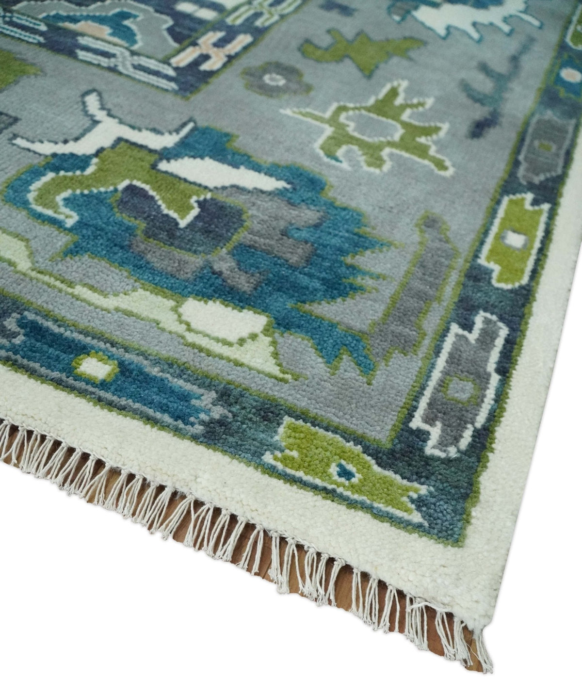 Custom Made Ivory, Gray and Green Hand knotted Traditional Oushak Wool Area Rug.