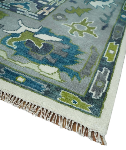 Custom Made Ivory, Gray and Green Hand knotted Traditional Oushak Wool Area Rug.