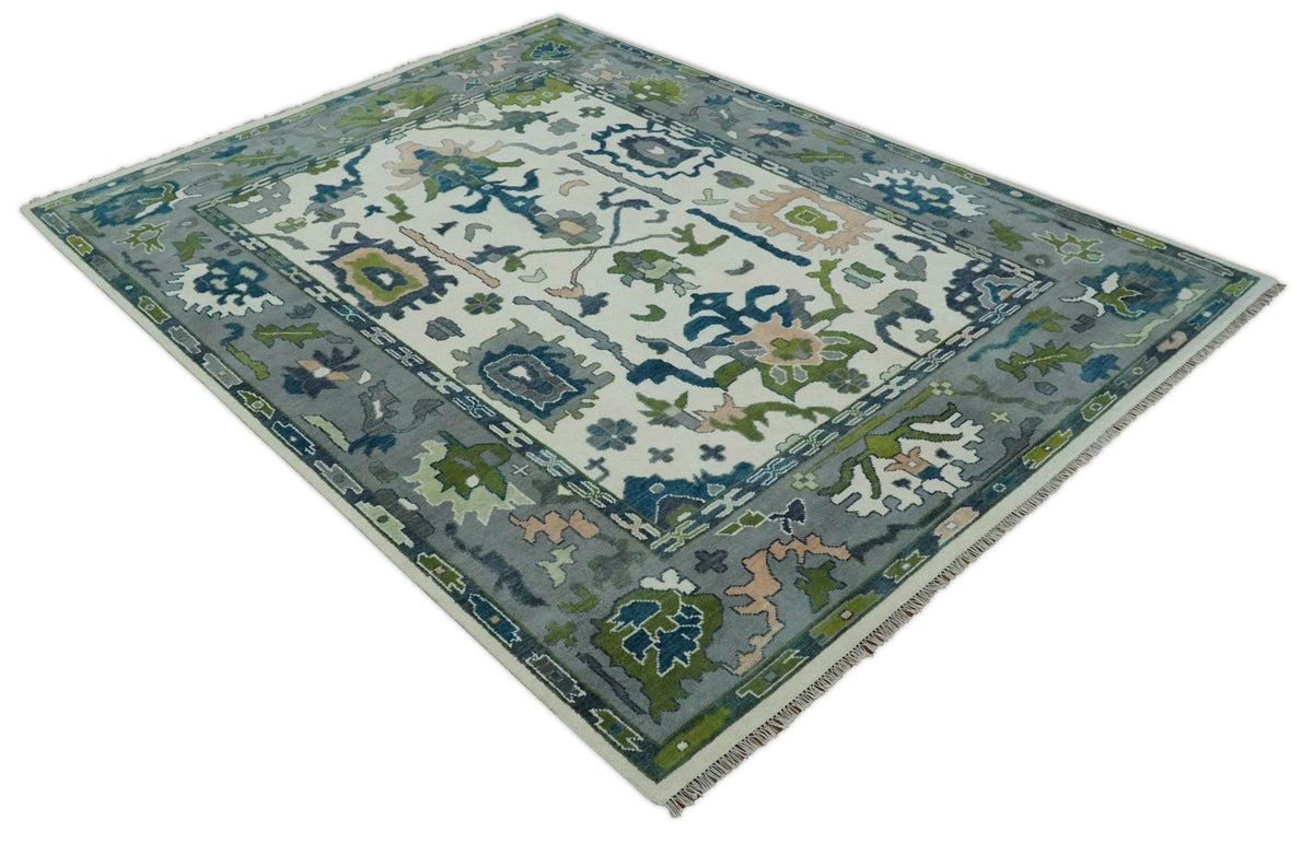 Custom Made Ivory, Gray and Green Hand knotted Traditional Oushak Wool Area Rug.
