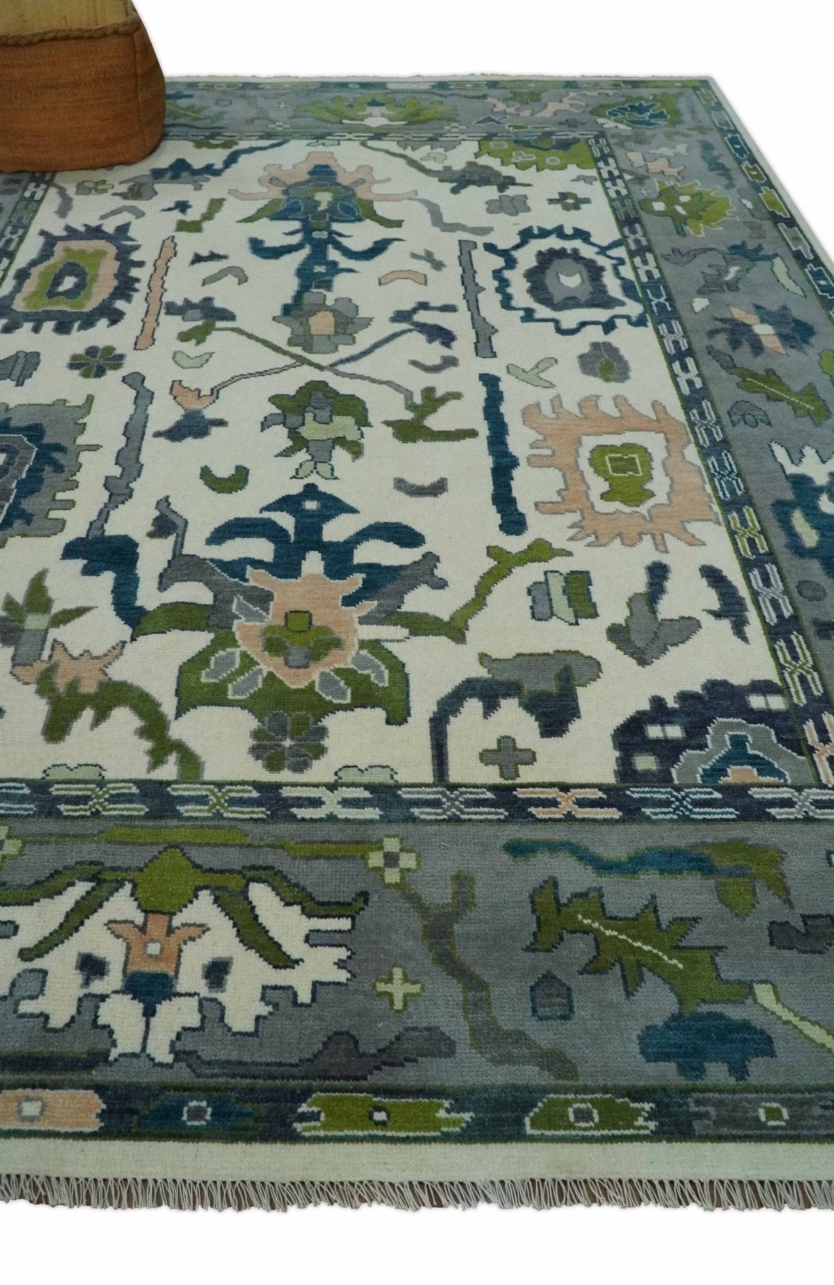 Custom Made Ivory, Gray and Green Hand knotted Traditional Oushak Wool Area Rug.