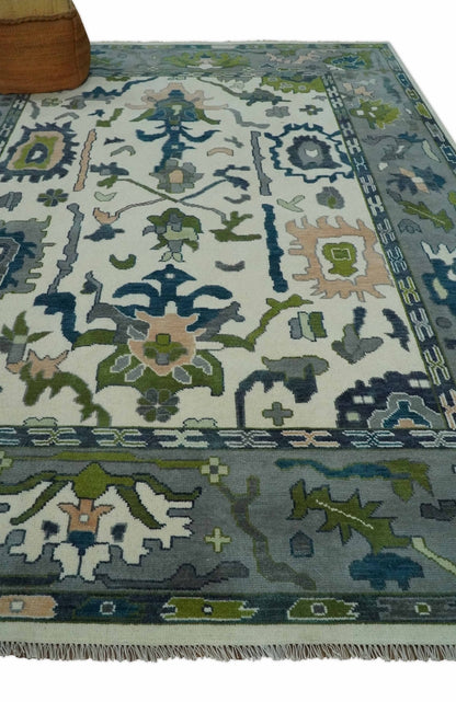 Custom Made Ivory, Gray and Green Hand knotted Traditional Oushak Wool Area Rug.