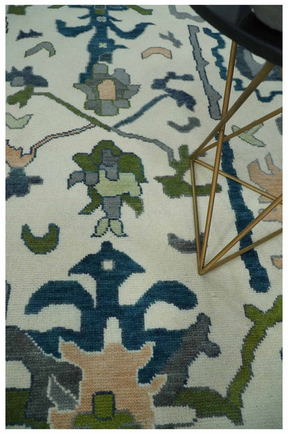 Custom Made Ivory, Gray and Green Hand knotted Traditional Oushak Wool Area Rug.