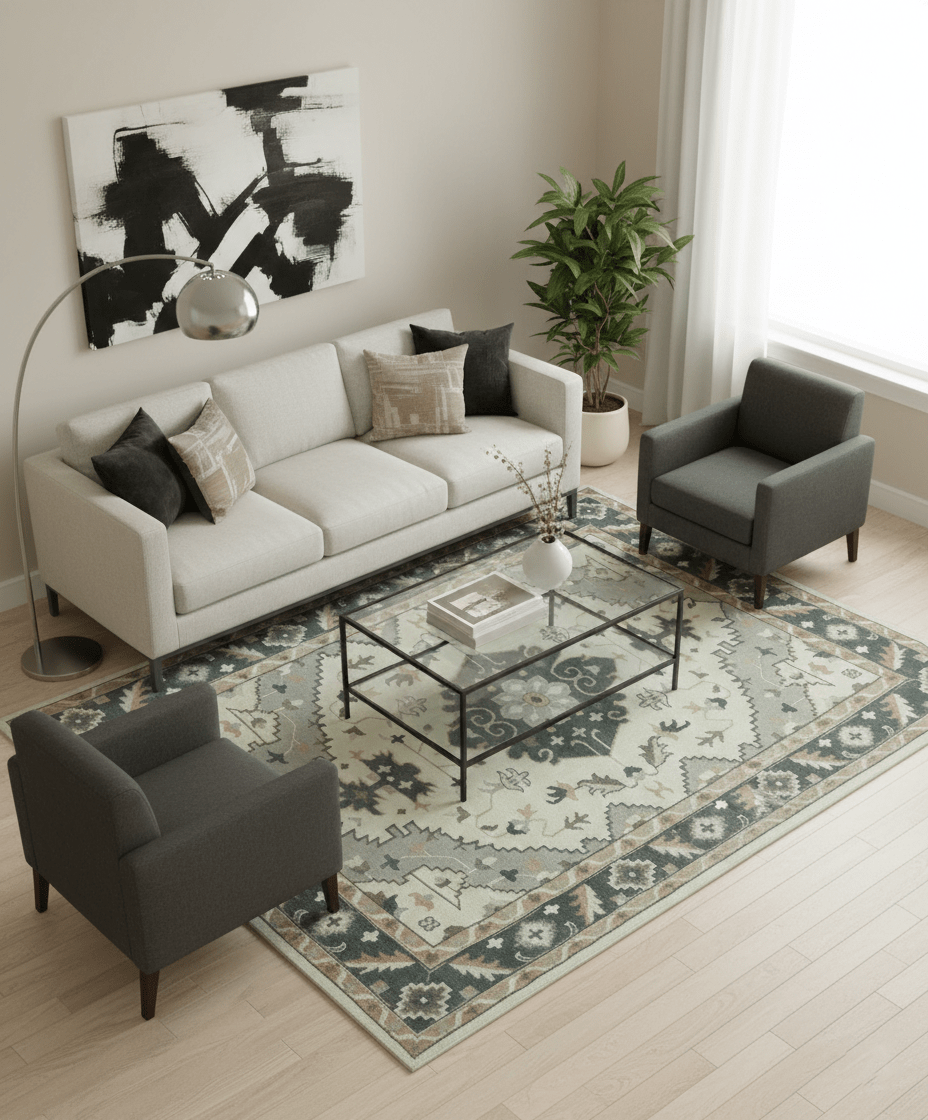 Custom Made Ivory, Gray, Camel and Charcoal Traditional Multi Size Wool Area Rug.