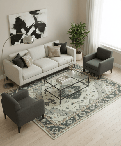 Custom Made Ivory, Gray, Camel and Charcoal Traditional Multi Size Wool Area Rug.