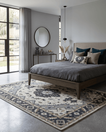 Custom Made Ivory, Gray, Camel and Charcoal Traditional Multi Size Wool Area Rug.