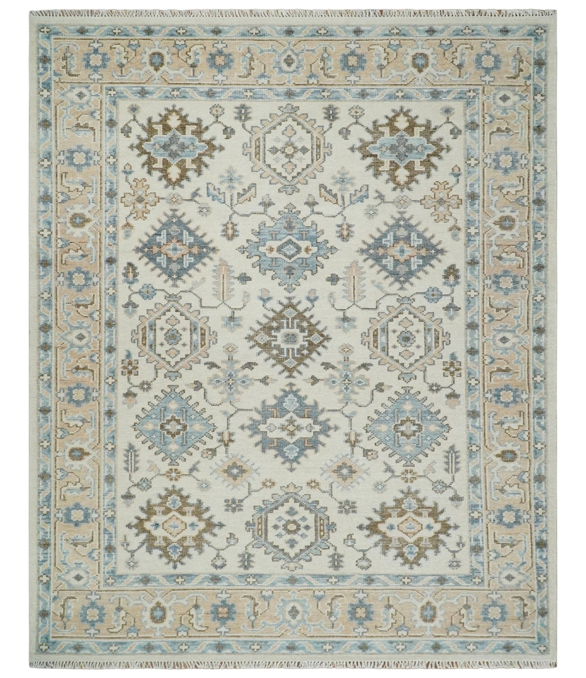 Custom Made Ivory, Peach and Gray Hand knotted Traditional Turkish Design Oushak wool Area Rug.