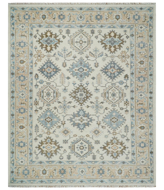 Custom Made Ivory, Peach and Gray Hand knotted Traditional Turkish Design Oushak wool Area Rug.