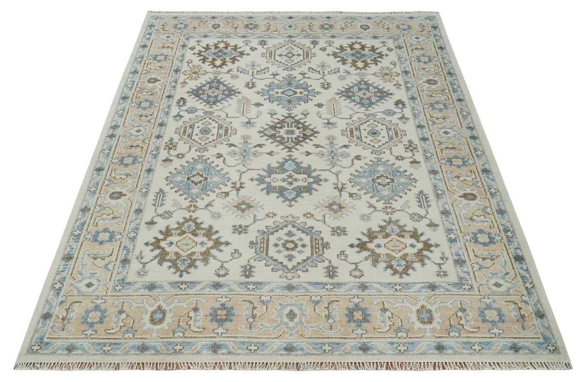 Custom Made Ivory, Peach and Gray Hand knotted Traditional Turkish Design Oushak wool Area Rug.
