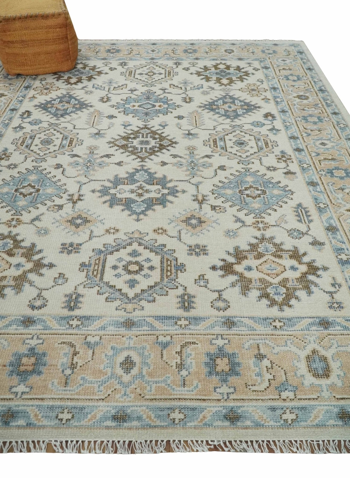 Custom Made Ivory, Peach and Gray Hand knotted Traditional Turkish Design Oushak wool Area Rug.
