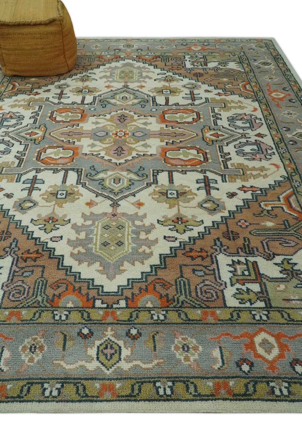 Custom Made Ivory, Silver, Peach and Olive Hand Knotted Traditional Heriz wool Area Rug.