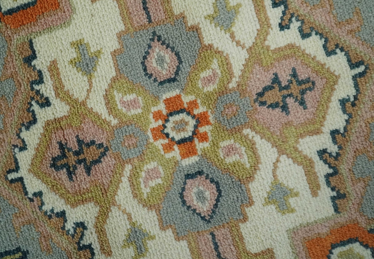 Custom Made Ivory, Silver, Peach and Olive Hand Knotted Traditional Heriz wool Area Rug.