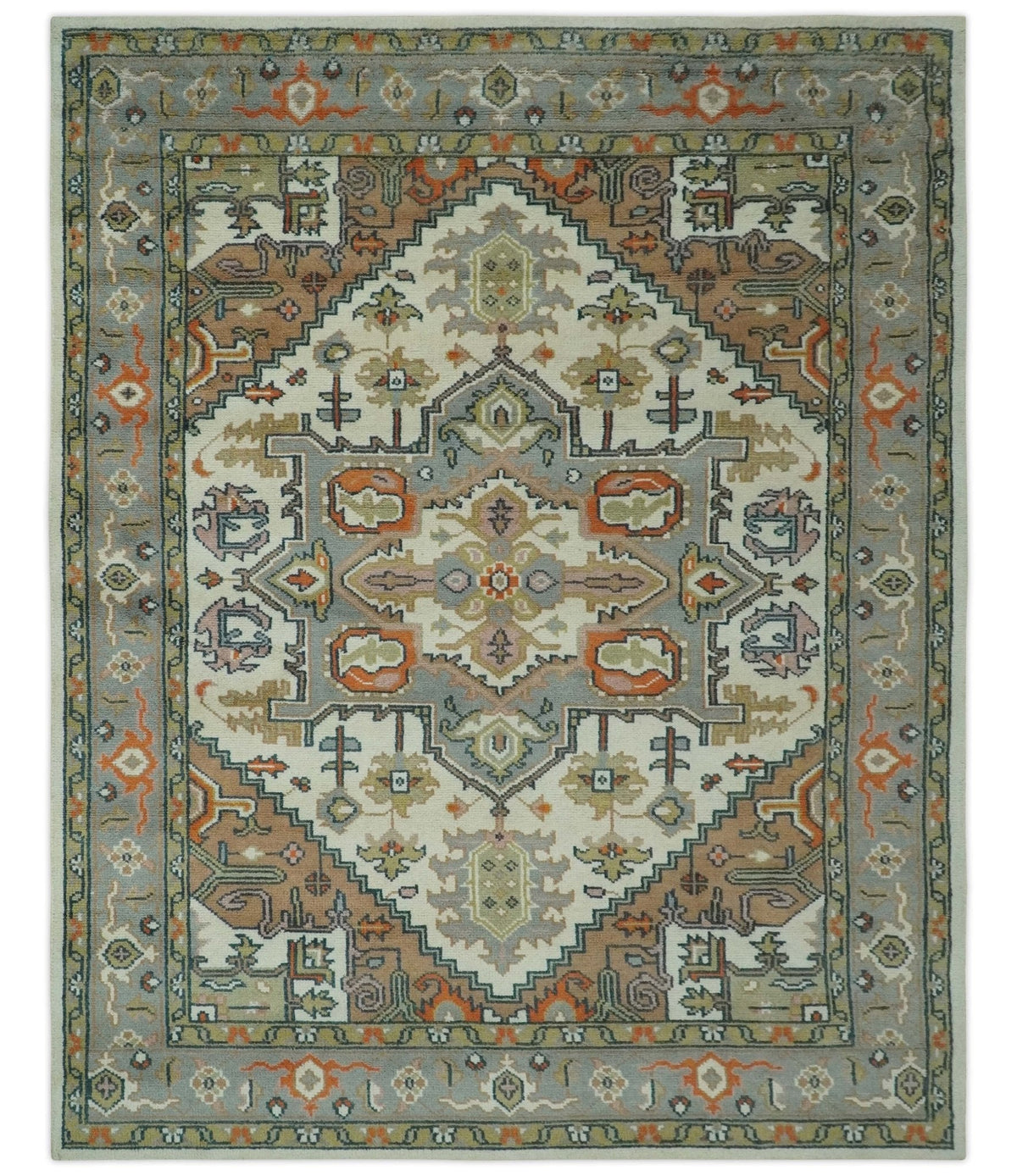 Custom Made Ivory, Silver, Peach and Olive Hand Knotted Traditional Heriz wool Area Rug.