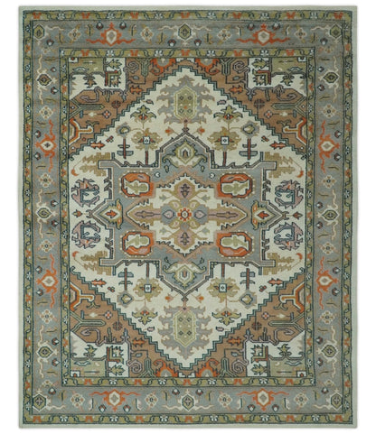 Custom Made Ivory, Silver, Peach and Olive Hand Knotted Traditional Heriz wool Area Rug.