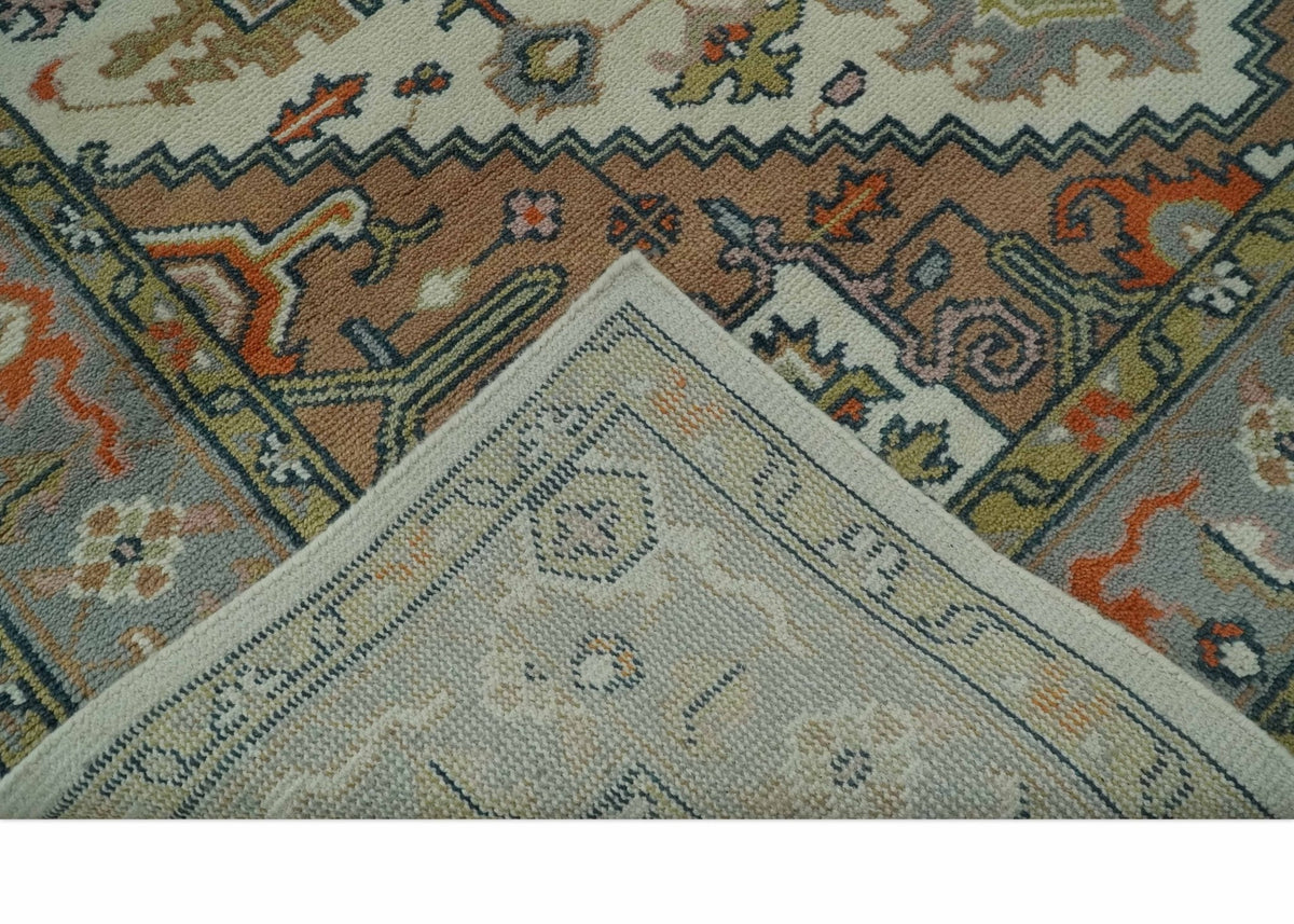 Custom Made Ivory, Silver, Peach and Olive Hand Knotted Traditional Heriz wool Area Rug.