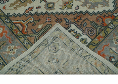 Custom Made Ivory, Silver, Peach and Olive Hand Knotted Traditional Heriz wool Area Rug.