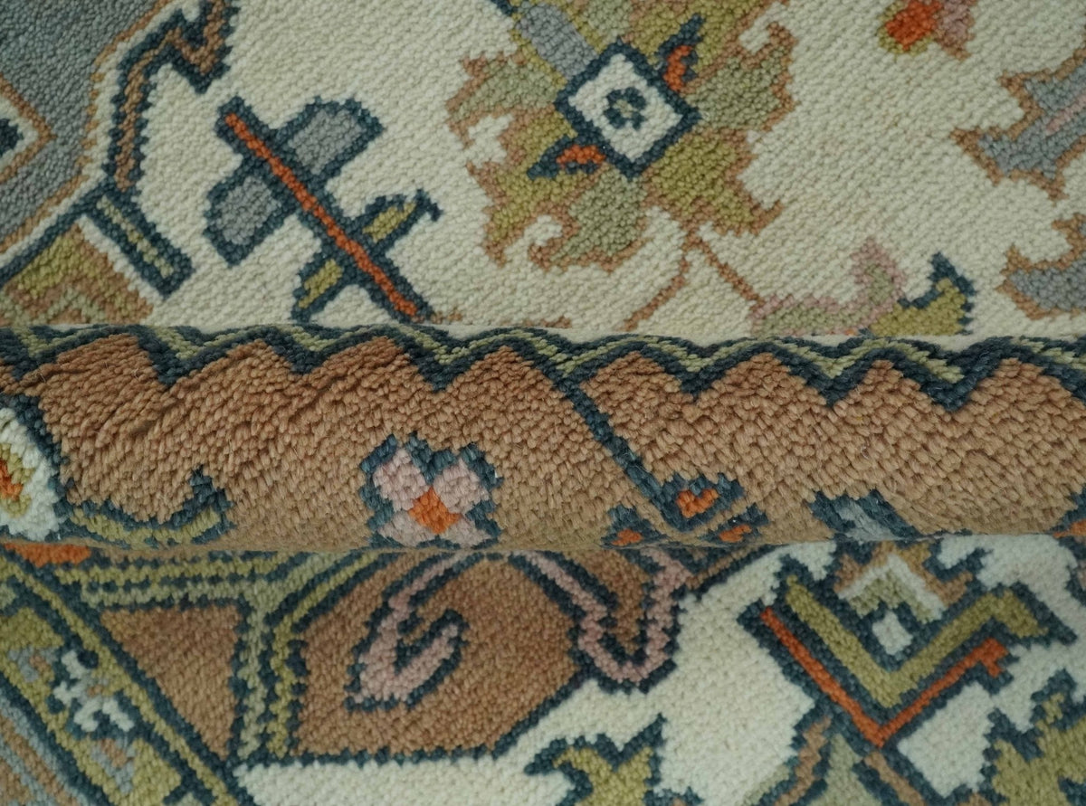 Custom Made Ivory, Silver, Peach and Olive Hand Knotted Traditional Heriz wool Area Rug.
