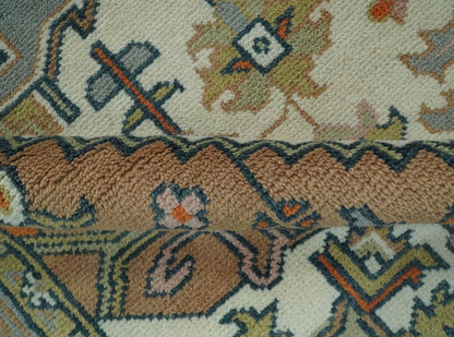 Custom Made Ivory, Silver, Peach and Olive Hand Knotted Traditional Heriz wool Area Rug.