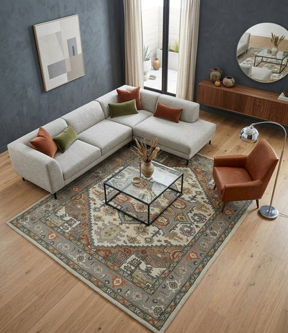 Custom Made Ivory, Silver, Peach and Olive Hand Knotted Traditional Heriz wool Area Rug.