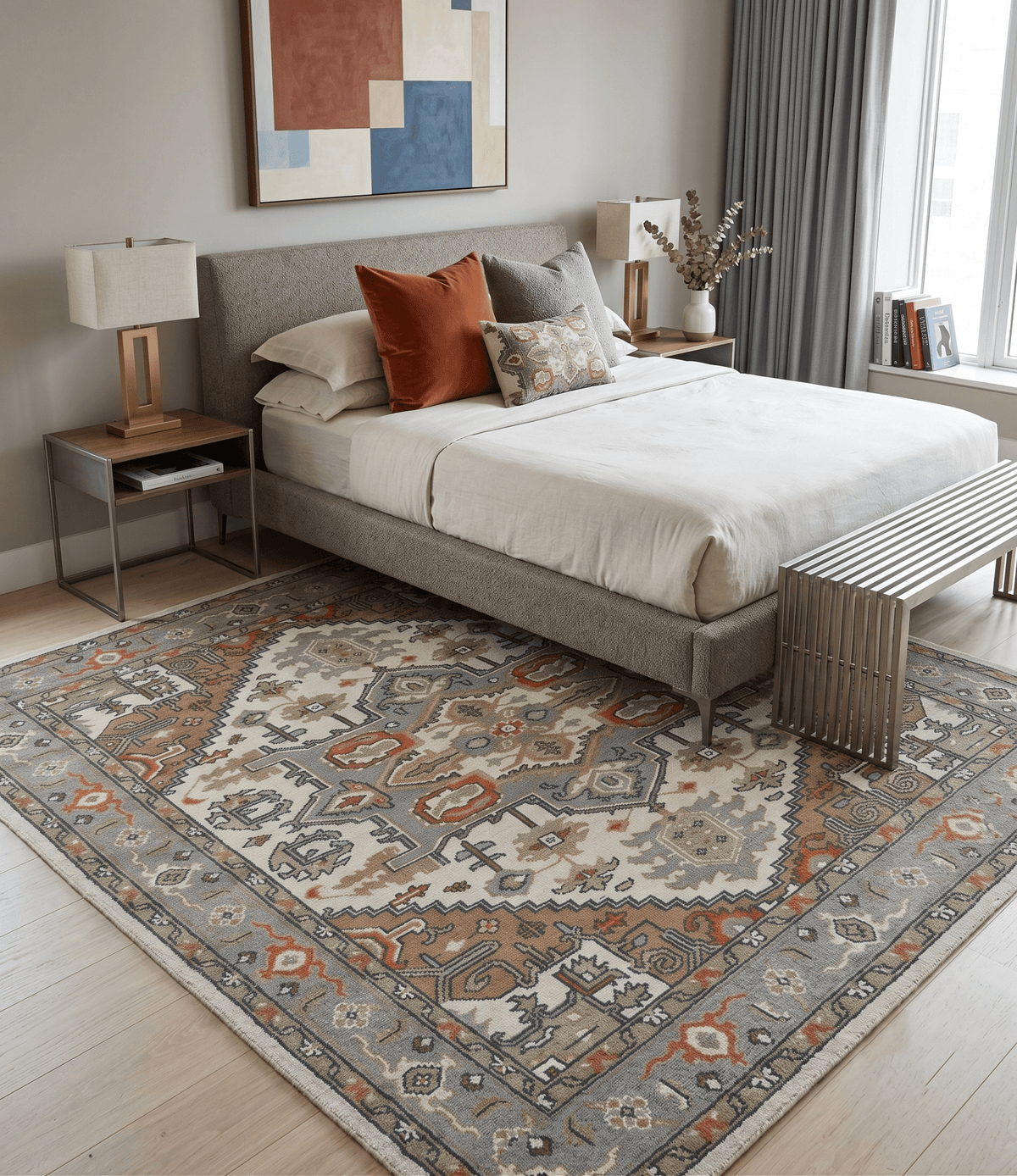 Custom Made Ivory, Silver, Peach and Olive Hand Knotted Traditional Heriz wool Area Rug.