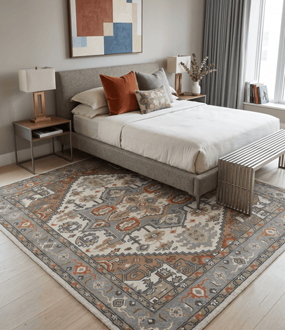Custom Made Ivory, Silver, Peach and Olive Hand Knotted Traditional Heriz wool Area Rug.
