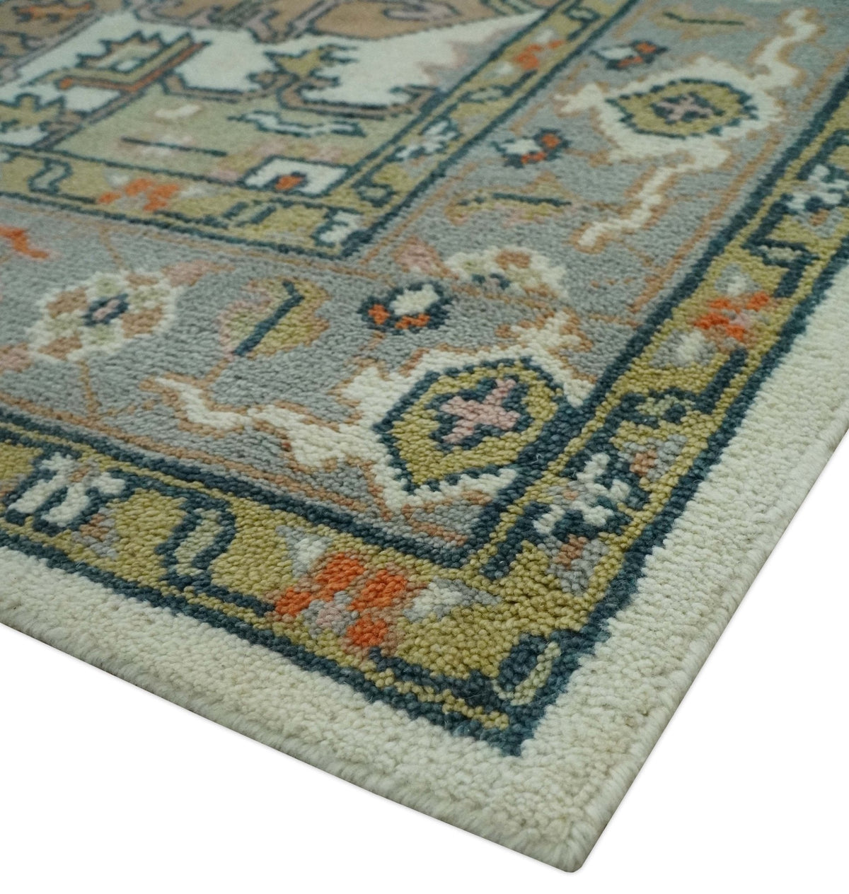 Custom Made Ivory, Silver, Peach and Olive Hand Knotted Traditional Heriz wool Area Rug.