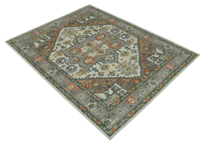 Custom Made Ivory, Silver, Peach and Olive Hand Knotted Traditional Heriz wool Area Rug.