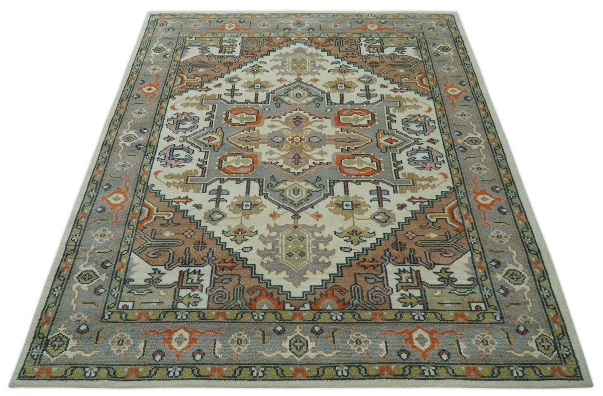 Custom Made Ivory, Silver, Peach and Olive Hand Knotted Traditional Heriz wool Area Rug.