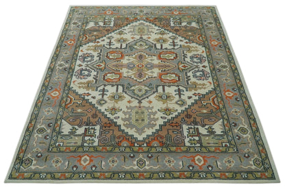 Custom Made Ivory, Silver, Peach and Olive Hand Knotted Traditional Heriz wool Area Rug.