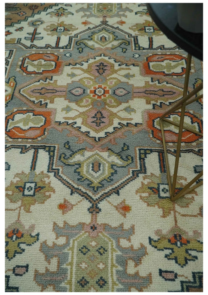 Custom Made Ivory, Silver, Peach and Olive Hand Knotted Traditional Heriz wool Area Rug.