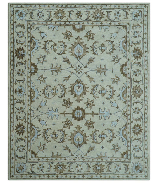 Custom Made Ivory, Taupe and Aqua Traditional Hand Tufted wool area rug.